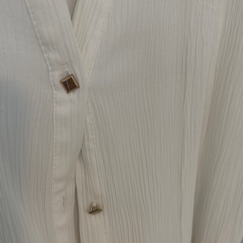 White Mini Dress with 3/4 Cuffed Sleeves and Mandarin Collar - Picture 3 of 5
